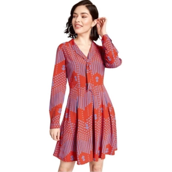 Modcloth Dresses & Skirts - Modcloth Vibrant Red and Blue ‘Pleasant Confidence’ Long Sleeve Dress